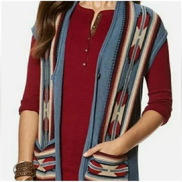 Chaps Blue Sleeveless Southwestern Aztec Cardigan Sweater Vest - Picture 1 of 11